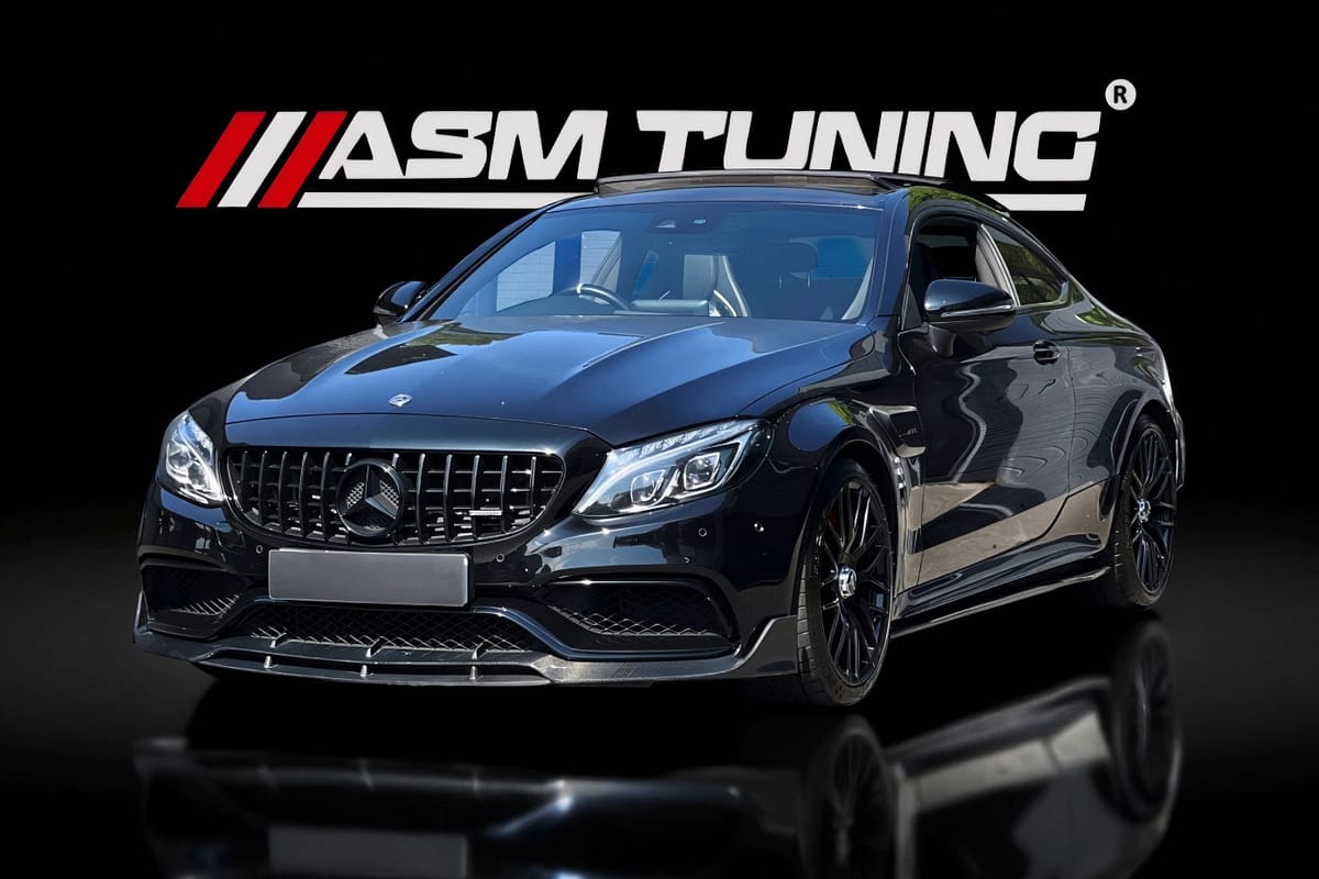 Mercedes C63 AMG Coupe W205 echipat cu splitter frontal, difuzor spate și eleron din carbon real – colecție ASM Tuning pentru performanță și stil sportiv