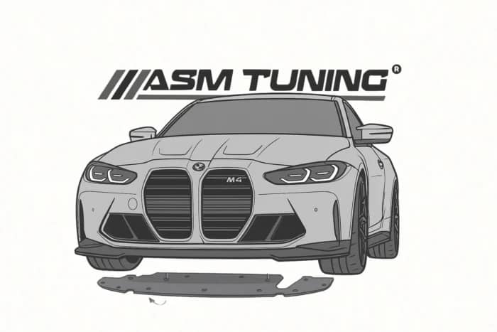 Remontarea tăvii de protecție față după instalarea splitterului din carbon pe BMW M4 – montaj final ASM Tuning România