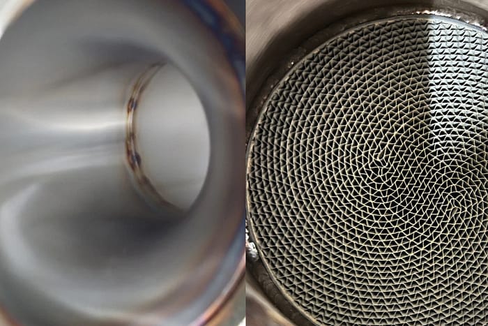 Comparatie vizuală între downpipe decat, sport cat și versiune custom – piese performanță ASM Tuning România